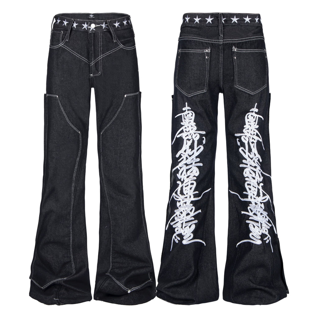 NOMANIAI Heavy Industry Embroidery Straight Low Waist Fleece Jeans