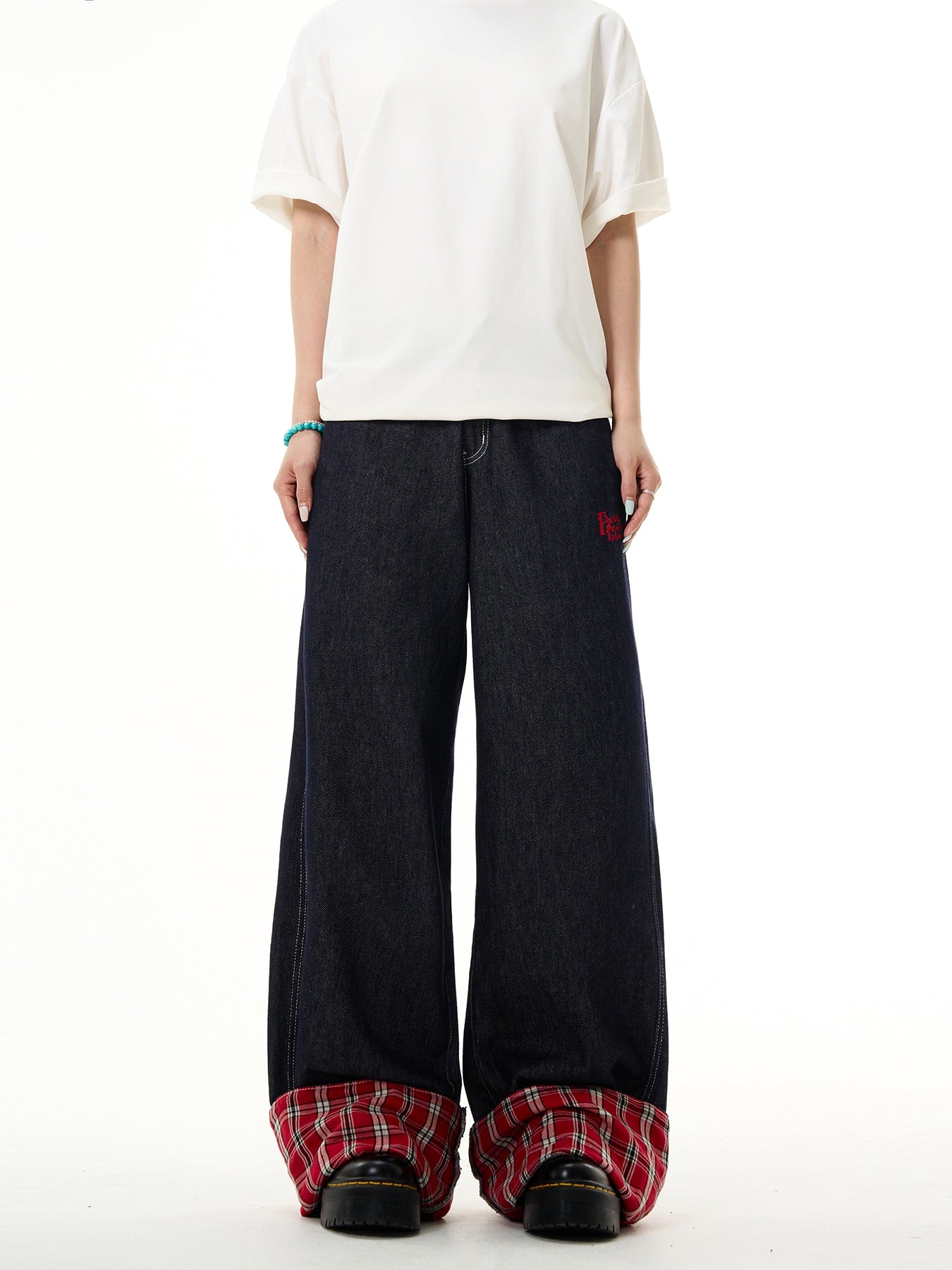 FLYOFF red plaid splicing curled jeans