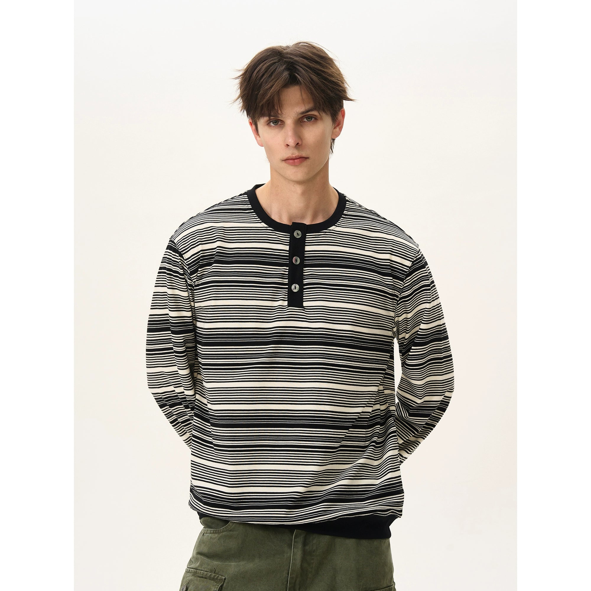 BTSG Premium Henry Neck Striped Long Sleeve Tee