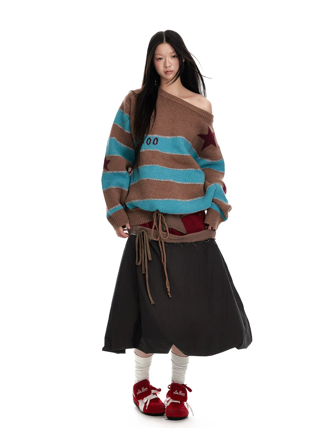 Jikoo Contrasting Color Splicing Jacquard Loose Striped Sweater