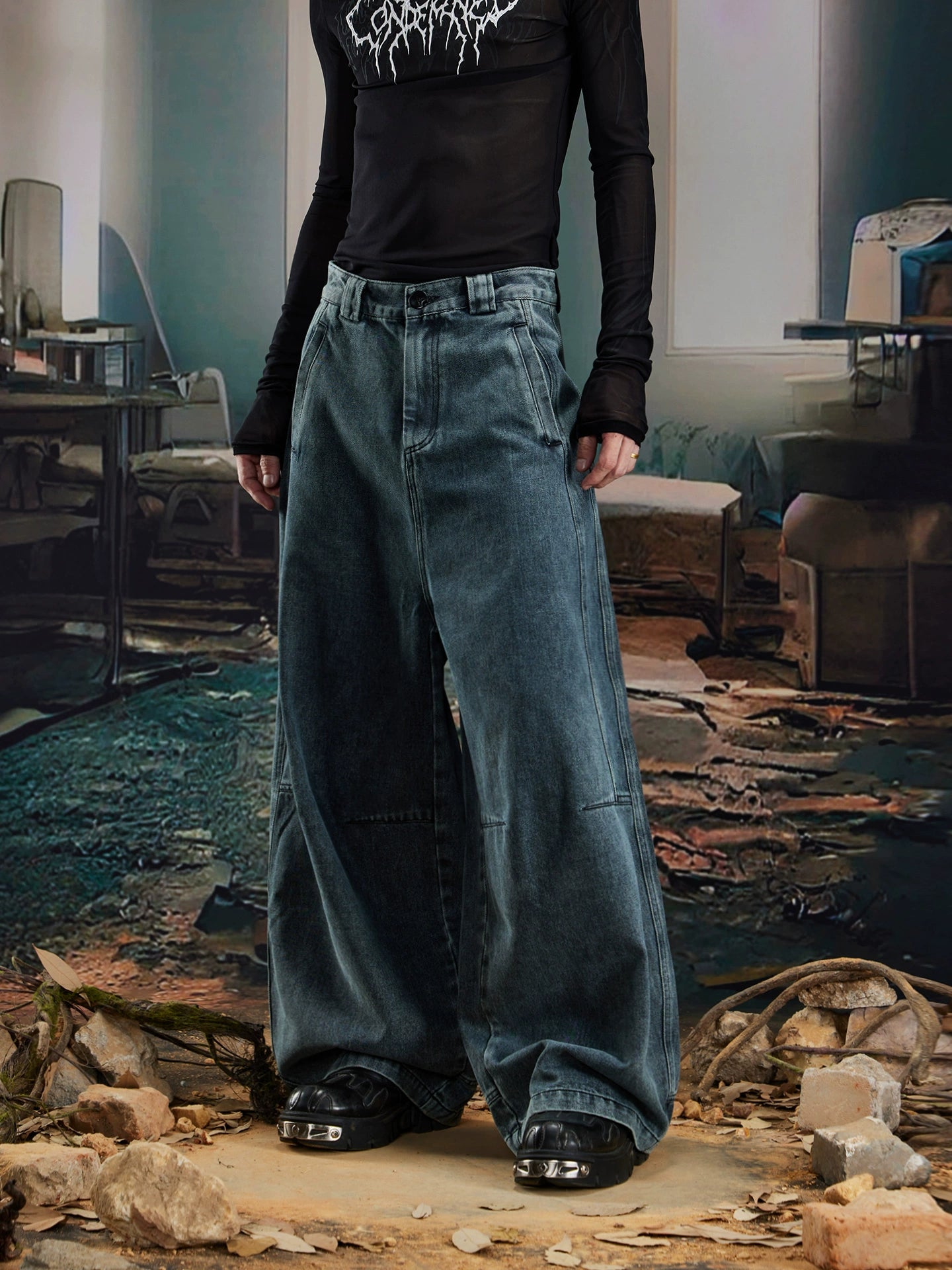 NOMANIAI Make Old Dirty Dyed Wide-leg Scimitar Jeans