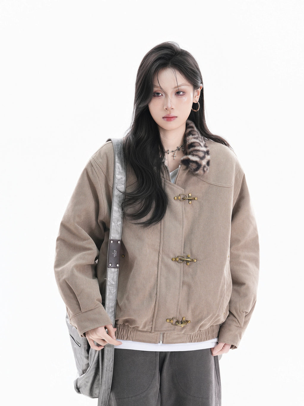 Zuocisankon Vintage Leopard Print Fur Collar Jacket