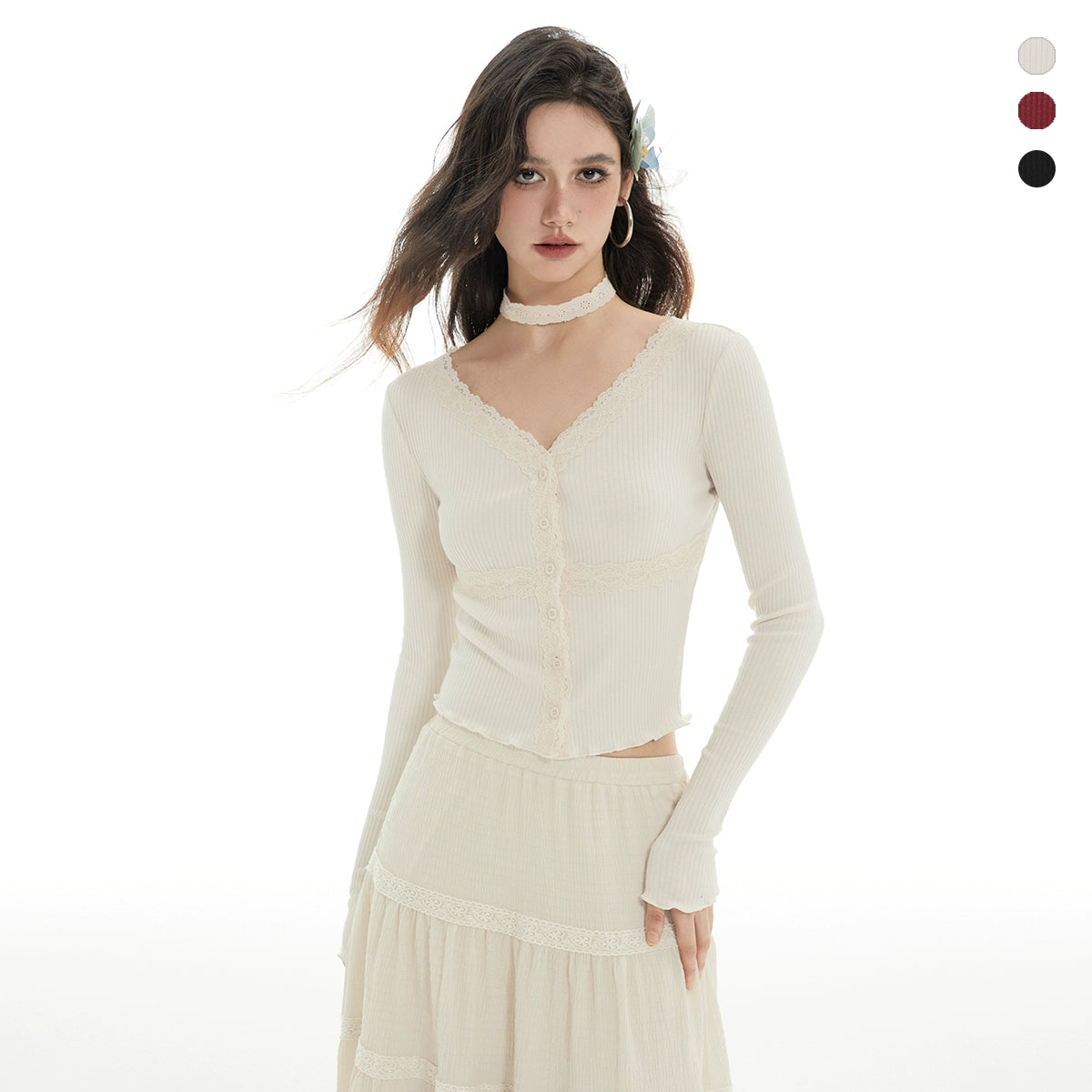 Imone Simple Pit Strip Splicing Lace V-neck Knitted Sweater