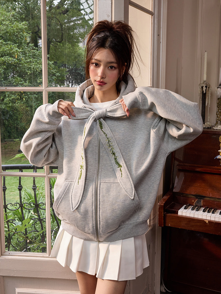 Harshandcruel Detachable Floral Embroidery Bow Tie Hoodie