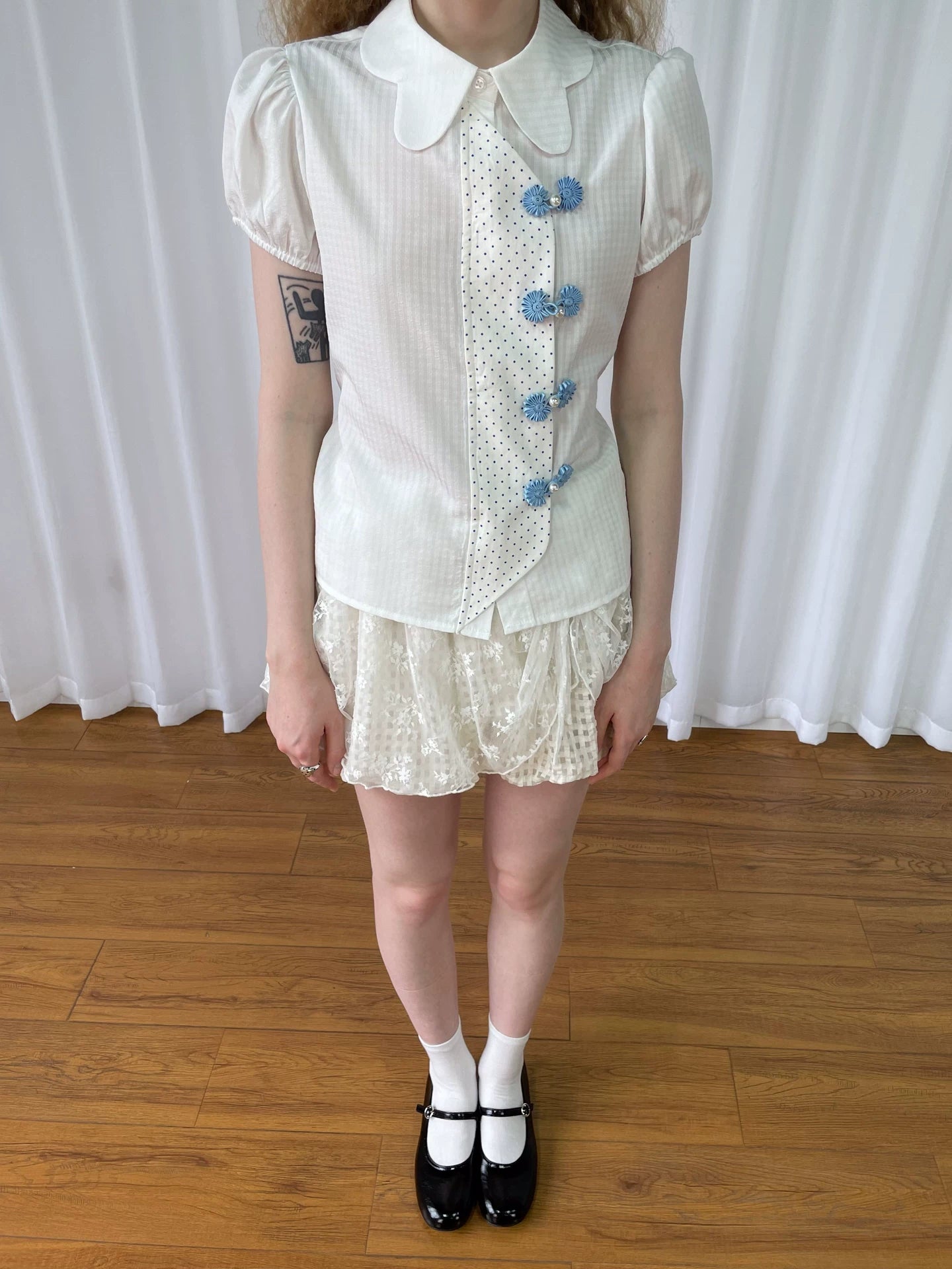 Loosesmell Striped Split Polka Dot Skinny Short Sleeve Shirt