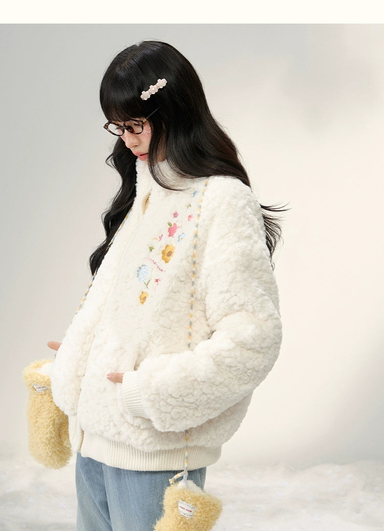 Umoumo Flower Embroidery Knitted Splicing Stand-up Collar Fur Jacket