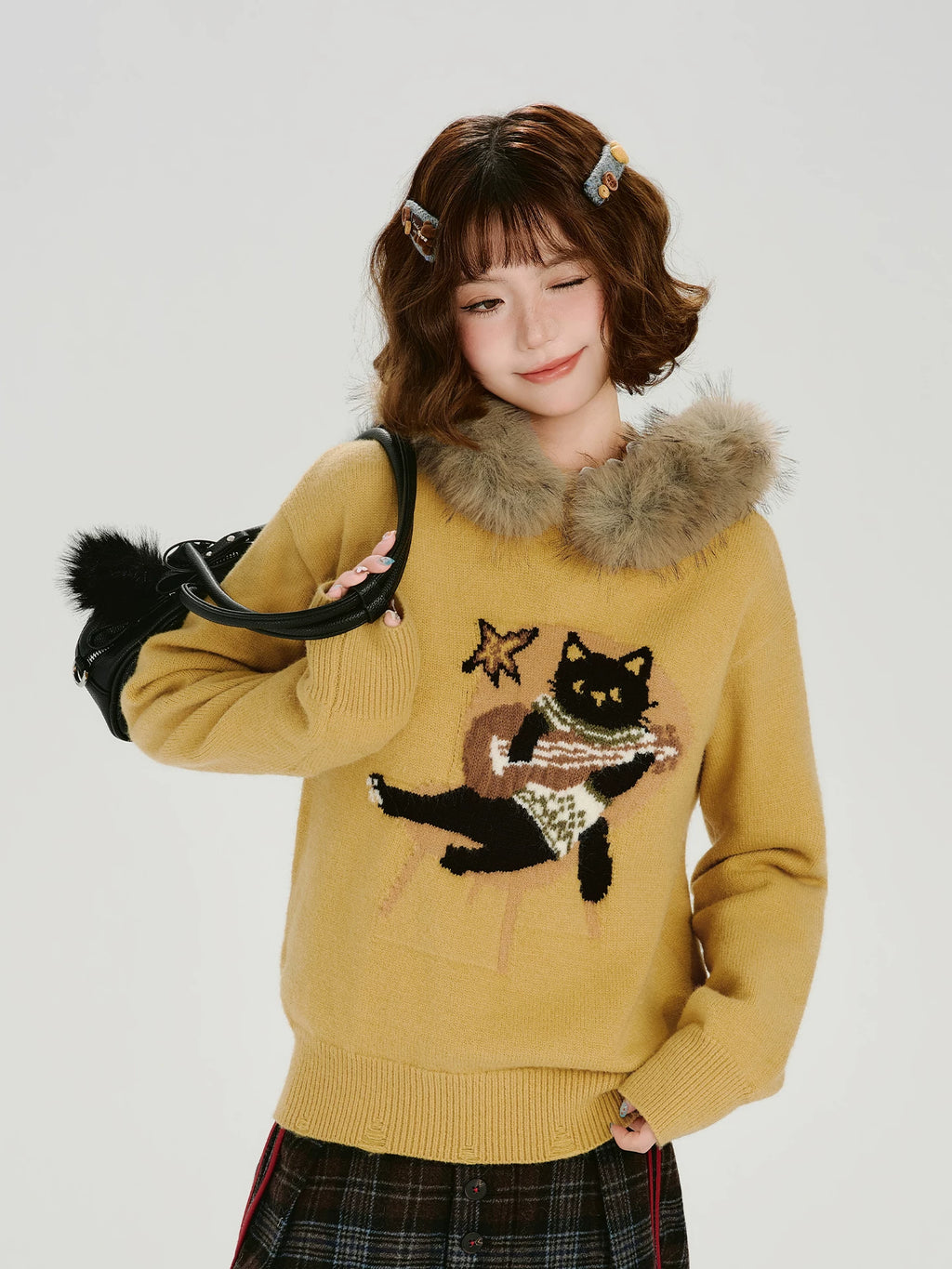Girlyhalo Vintage Jacquard Collar Hooded Knitted Sweater