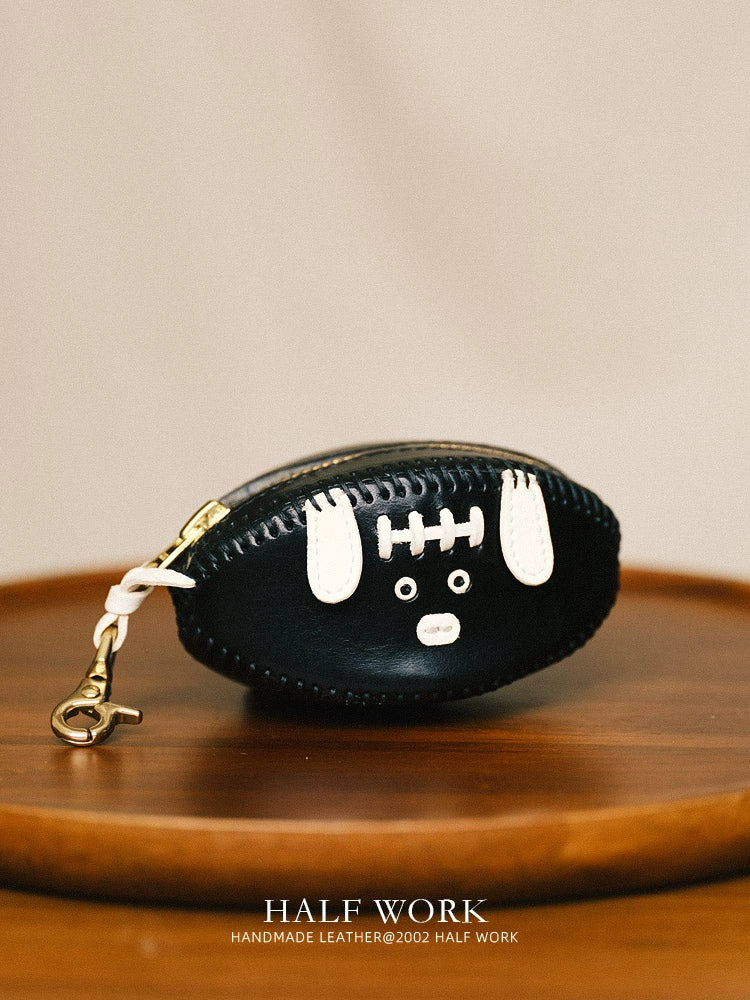 HALF WORK first layer cowhide key bag, genuine leather retro handmade football bag, earphone bag, key bag.