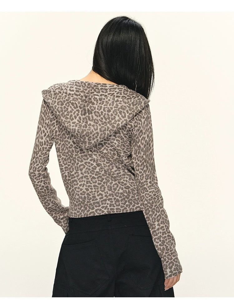 Anna Aneae Leopard Print Hooded Short Casual Slim Jacket