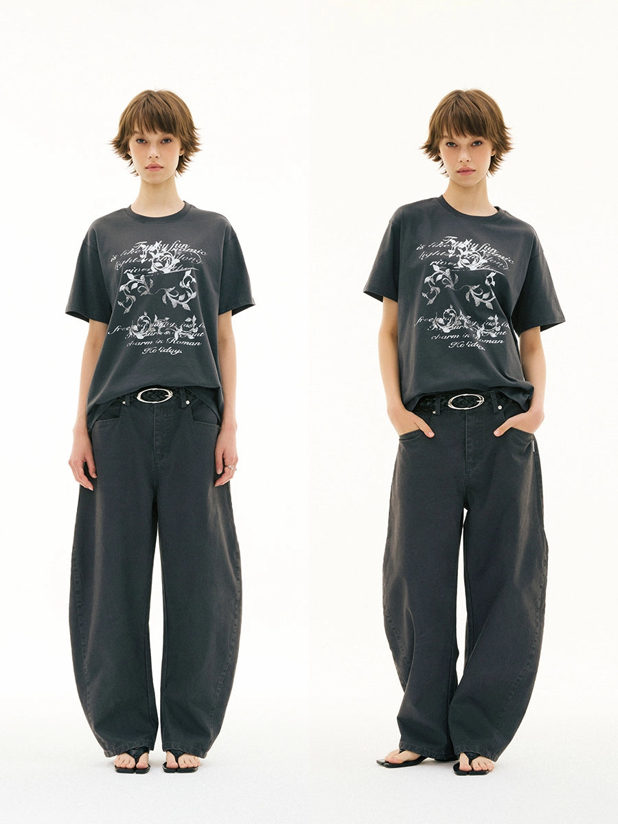 FUNKYFUN Old Mottled Flower Slogan Printed Tee