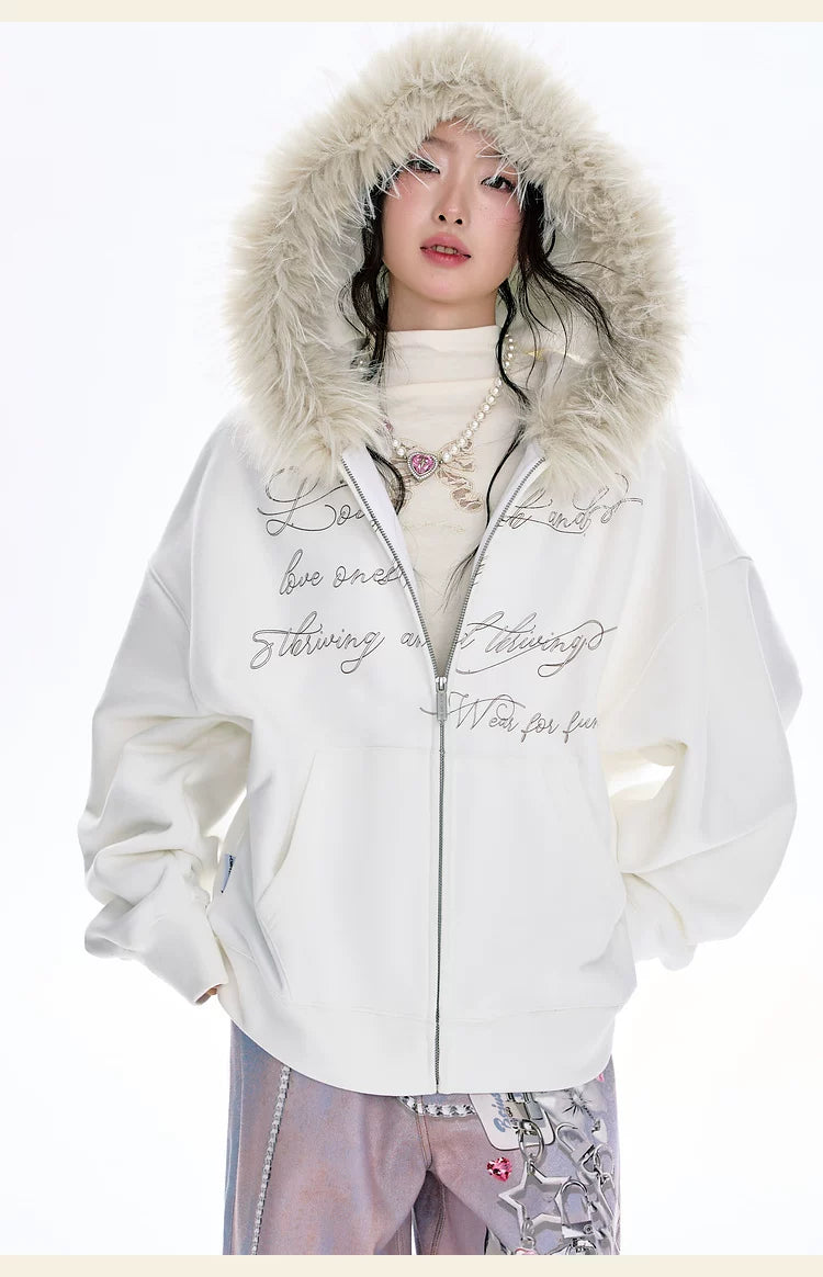 BJHG Vintage Fleece Collar Hooded Sweater Jacket