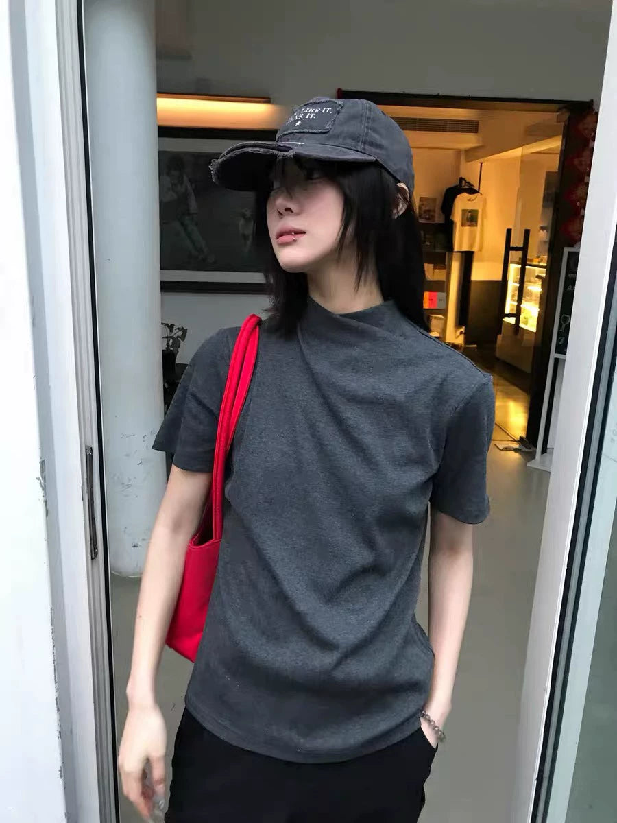 AMBSOM Crossed Jumpneck Front Shoulder Knitted Slim Fit Tee