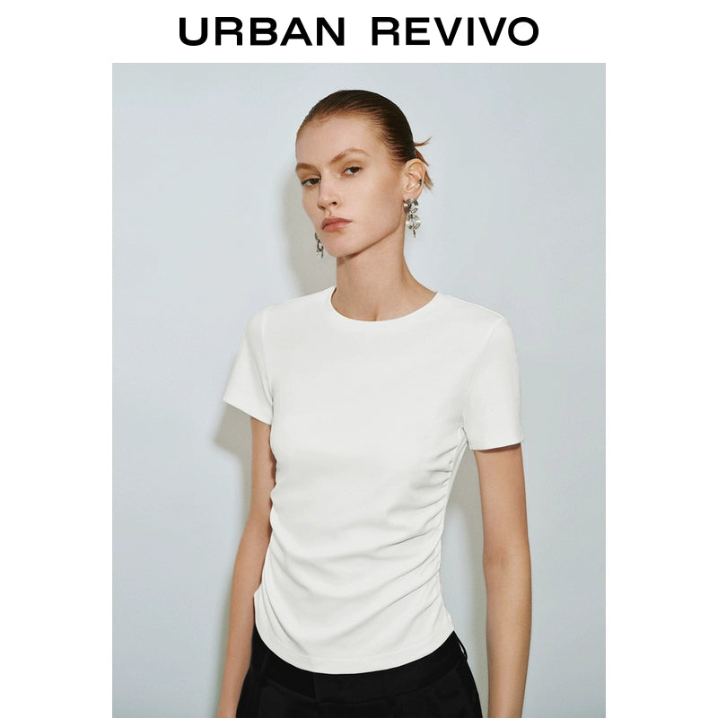 URBAN REVIVO Slim Fold Waist Round Neck Tee