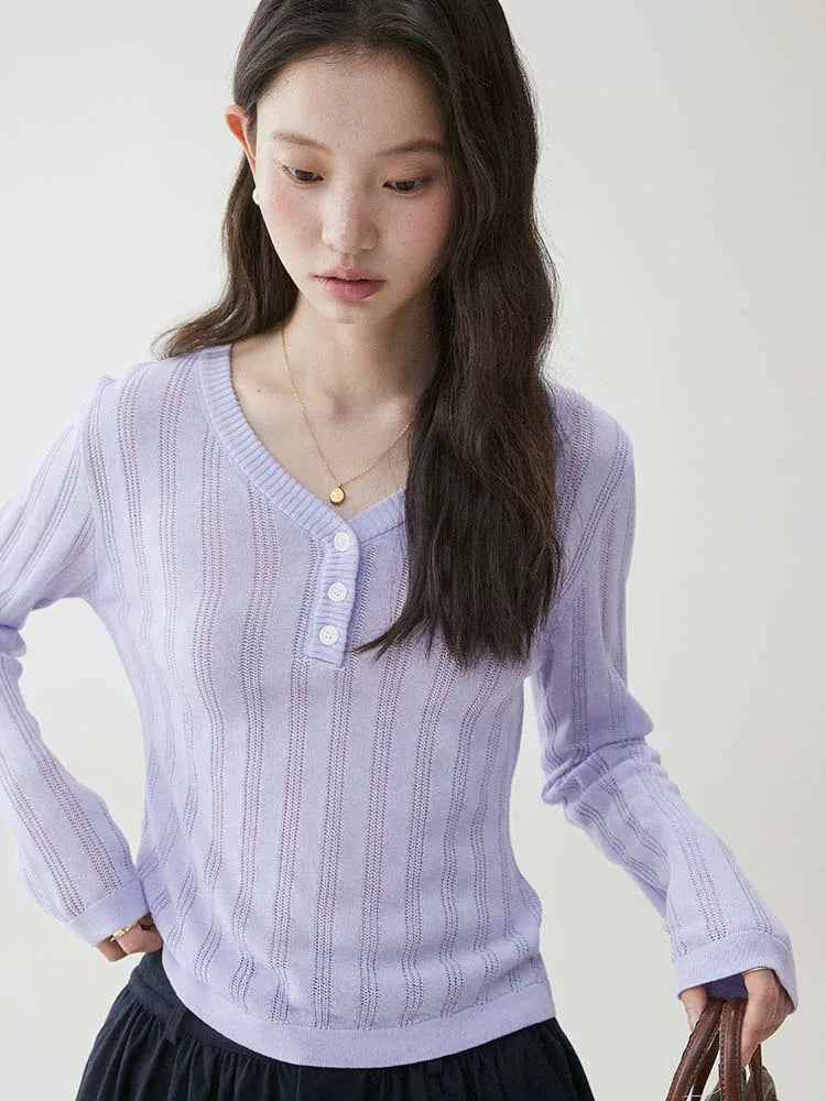 VOOE V Collar Hollow Knitted Versatile Long Sleeves
