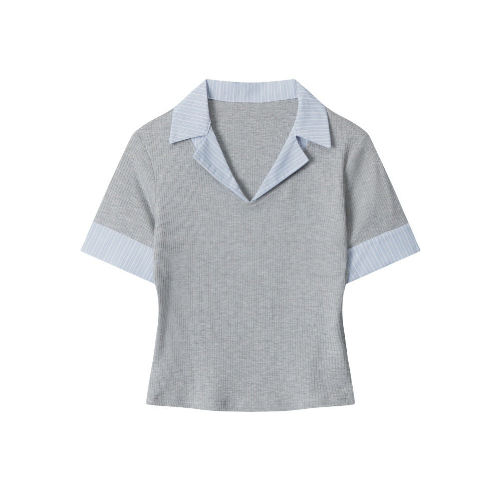 HeyHenry V-neck Fake Two-piece Polo Shirt Front Shoulder Tee