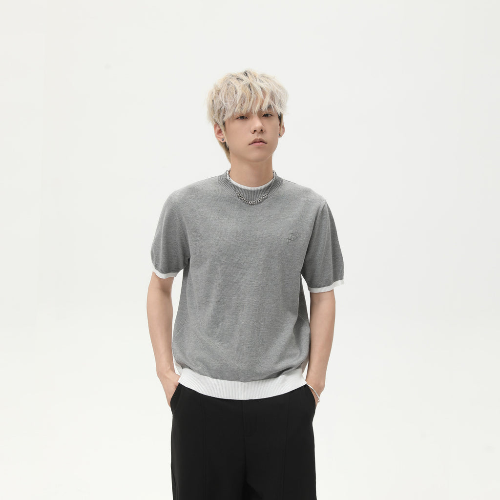 MTLCLOTHES Korean Version of Round Neck Knitted Fake Two-piece Color Matching Tee