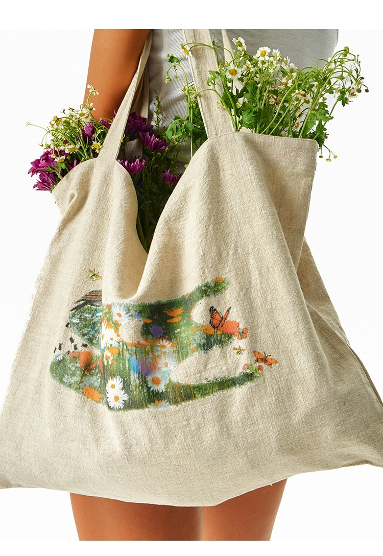 CryingCenter 3C Flower and Bird Large Capacity Linen Canvas Bag