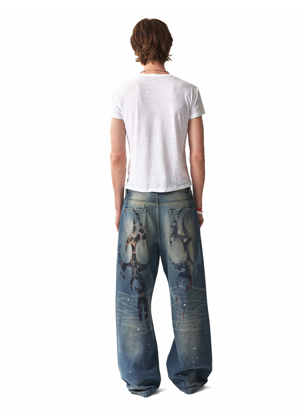NumbAsia Retro Leopard Print Star Flag Print Ripped Jeans