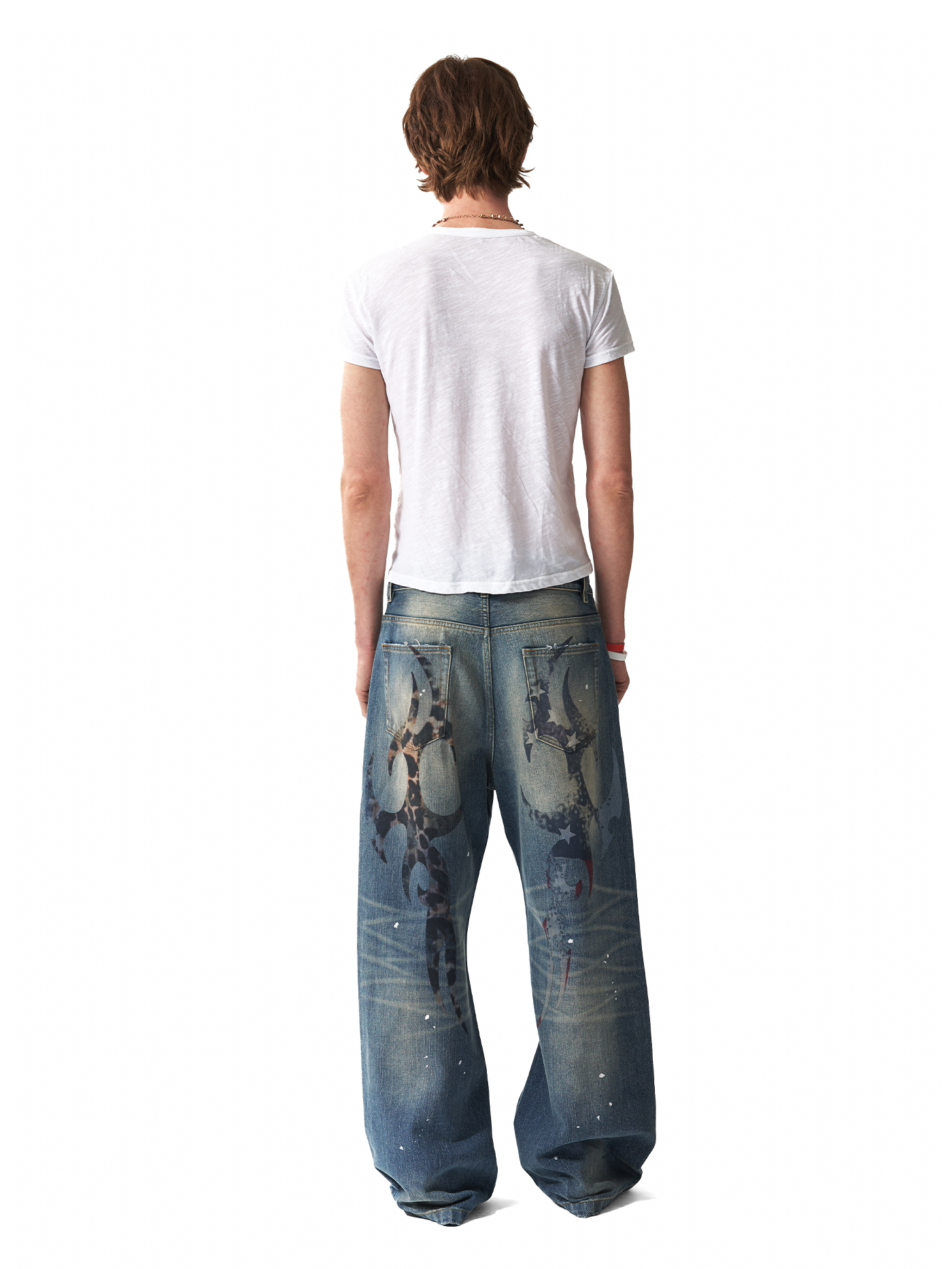 NumbAsia Retro Leopard Print Star Flag Print Ripped Jeans