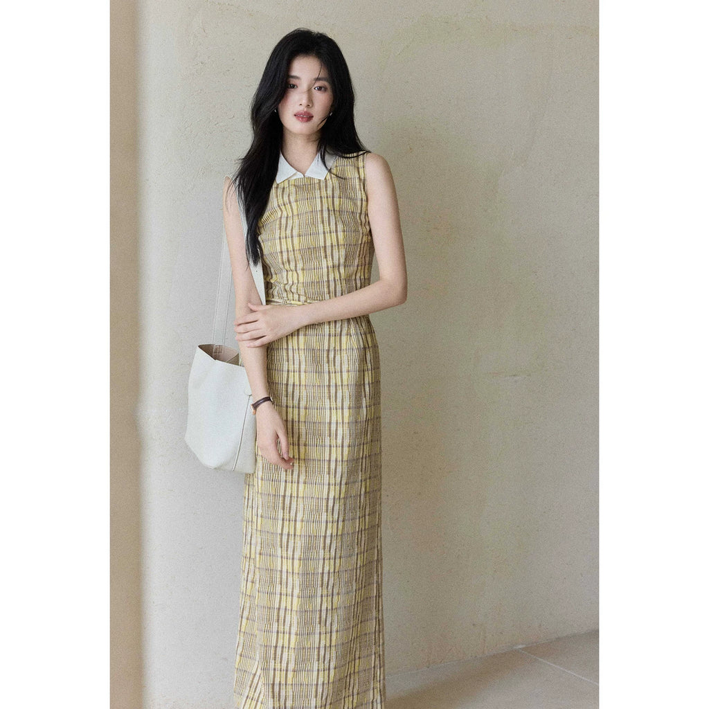 TYANG Plaid Lapel Temperament Sleeveless Dress