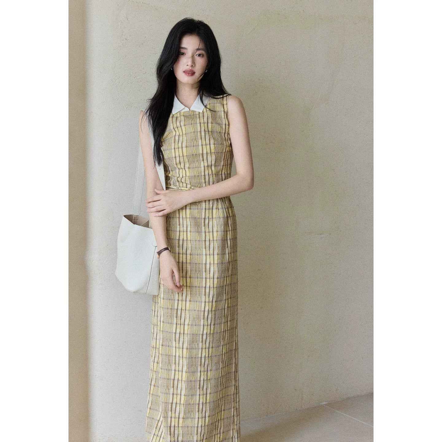 TYANG Plaid Lapel Temperament Sleeveless Dress
