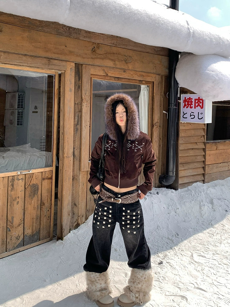 EAHO Retro Fur Collar Padded Short Hooded Sweater