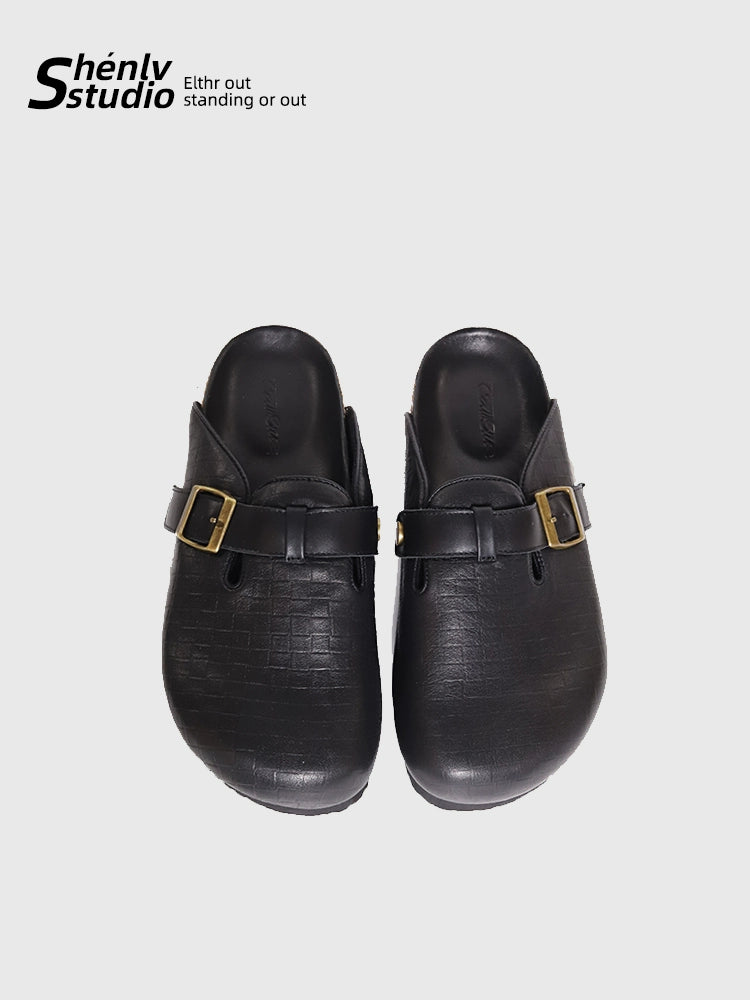 SHENLV STUDIO Baotou Half-trailer Leather Shoes Versatile Commuter Leather Slippers