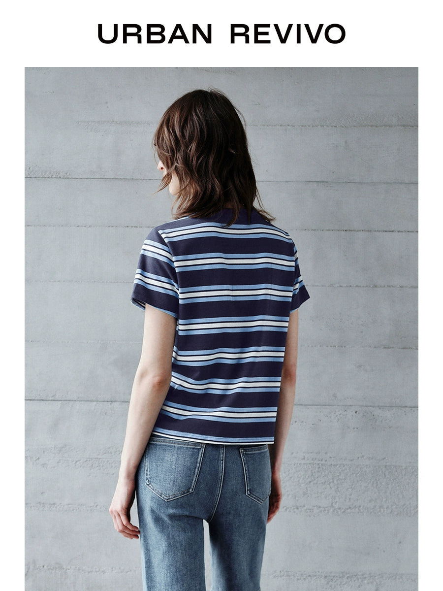 URBAN REVIVO Casual Contrasting Striped Crew Neck Tee