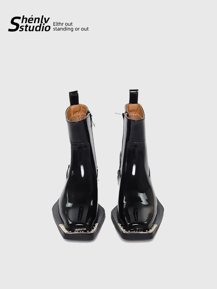 SHENLV STUDIO Glossy Square High-heeled Leather Boots