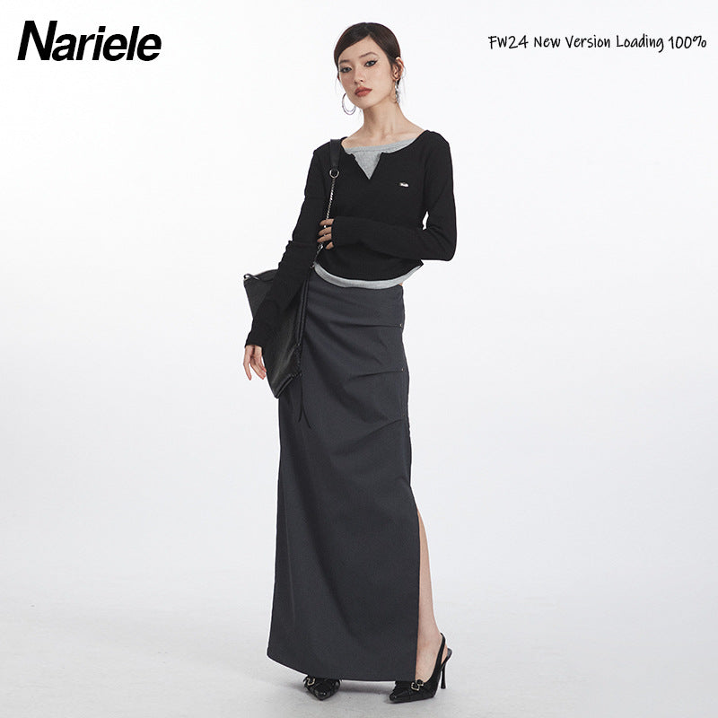 Nariele Fake Two V-neck Pleats Waist Slim Long Sleeves