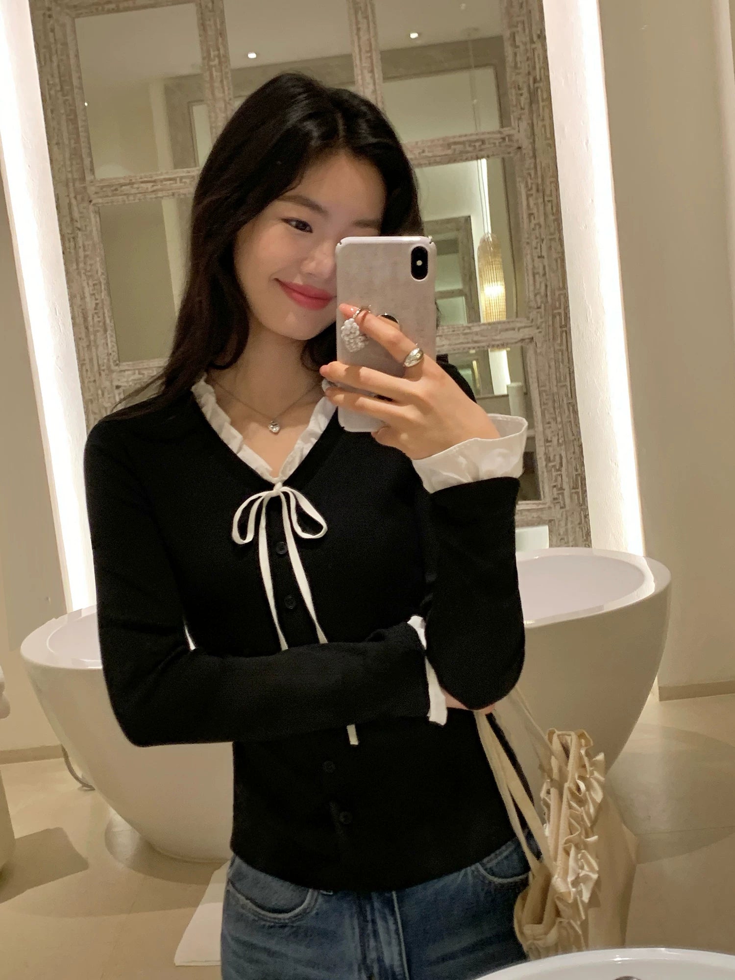 Pusumede Fake Two-piece Lace V-neck Knitted Slim-fit Long Sleeves