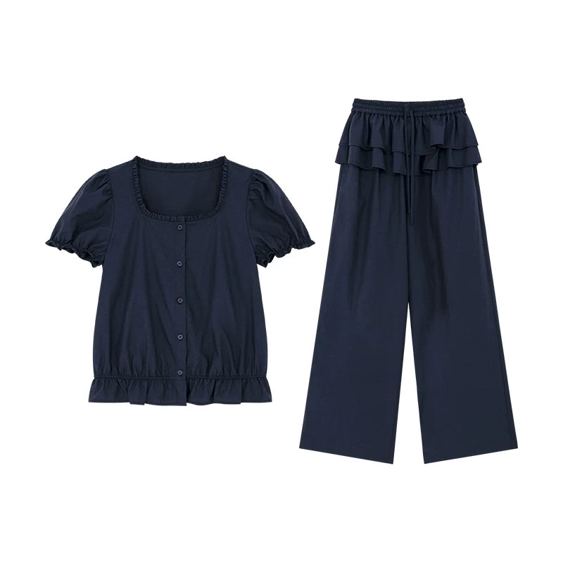 KANO Bubble Sleeve Waist Top Casual Pants Set