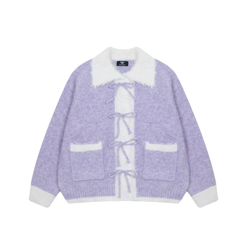 Zuocisankon Contrasting Bow Knitted Cardigan Sweater
