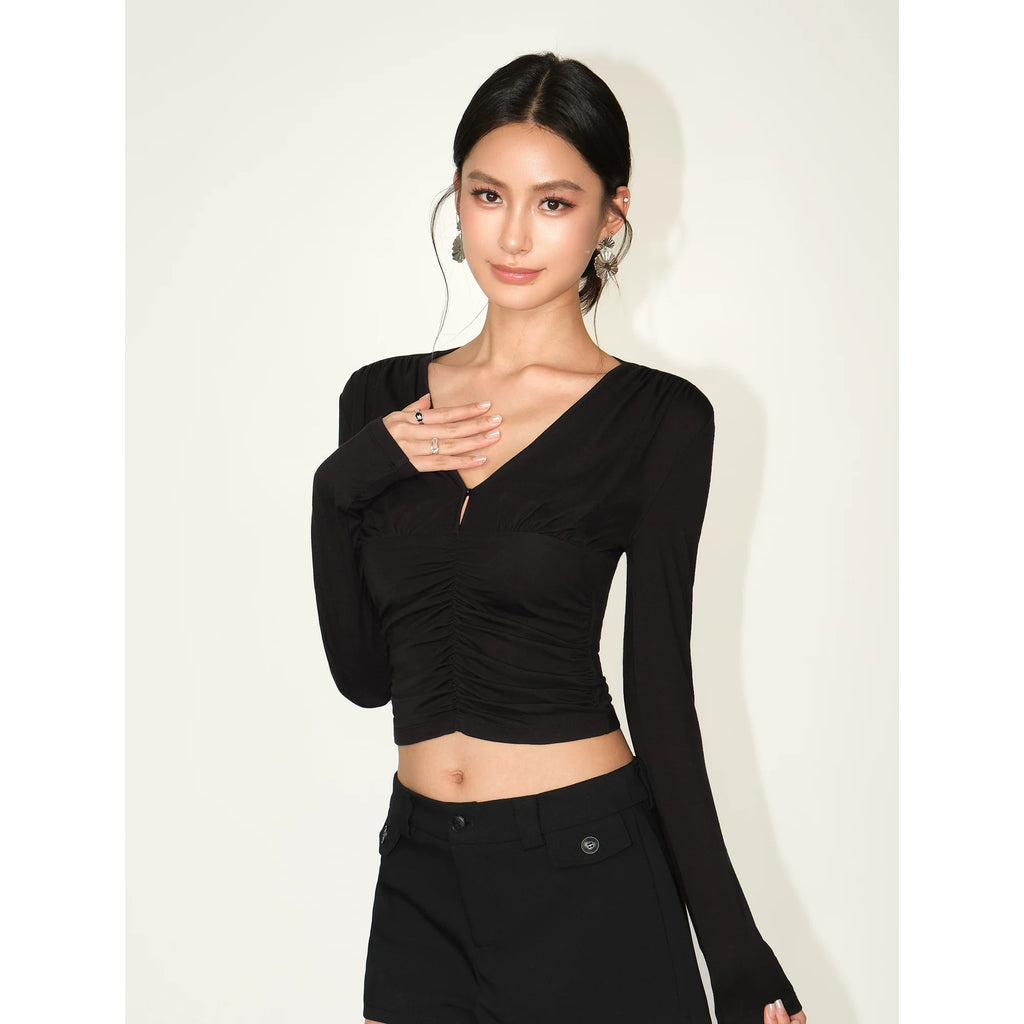 NEVA HU Slim Fit V-Neck Pleated Waist Long Sleeve