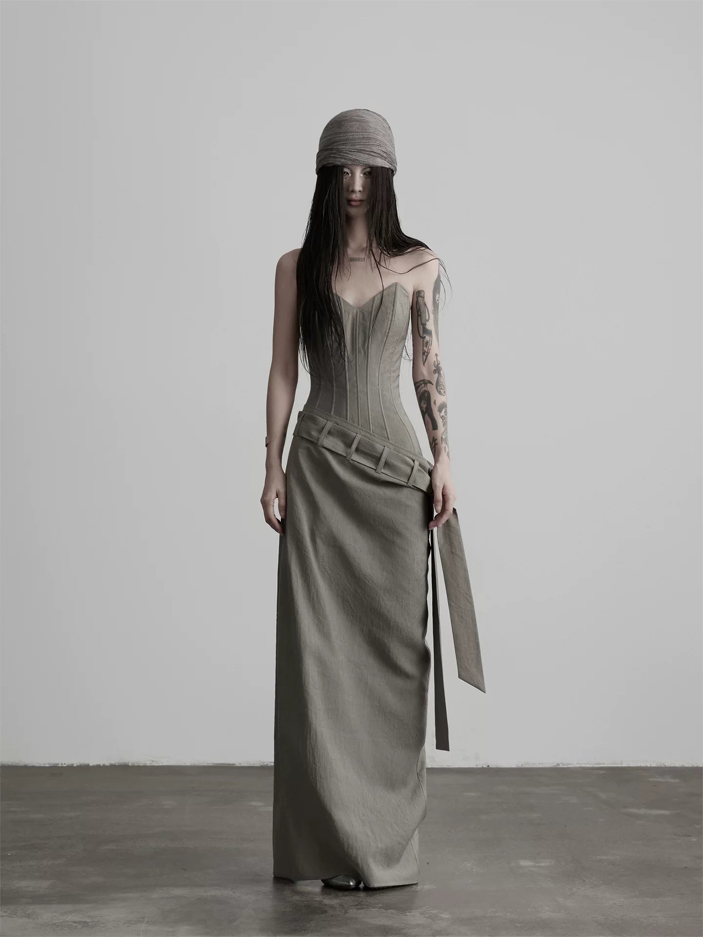 INDULGE Strap Waist Tube Top Drape Long Skirt