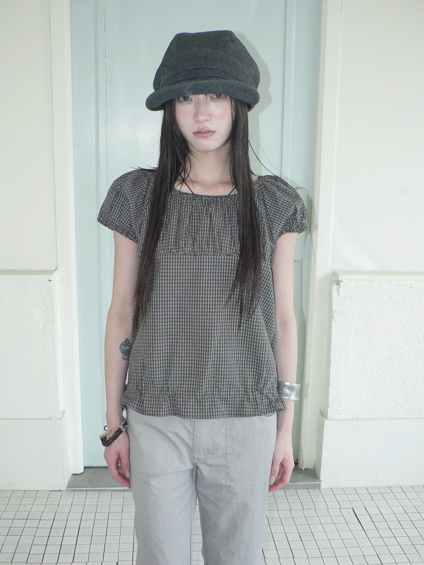 ANG: Project Retro Plaid Bubble Sleeve Waist Short Shirt