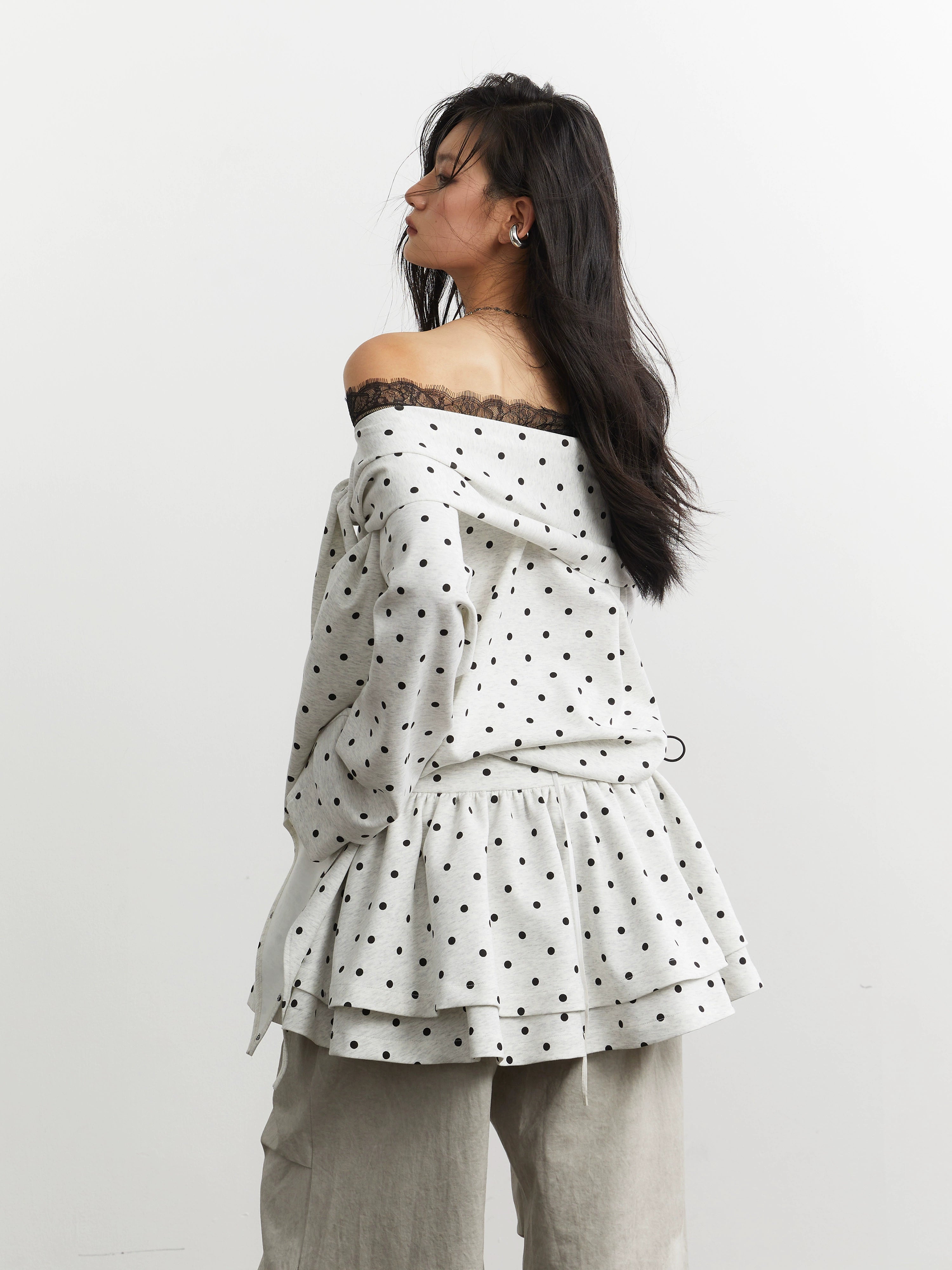 JNYLON Strappy Off-the-shoulder Polka Dot Sweater