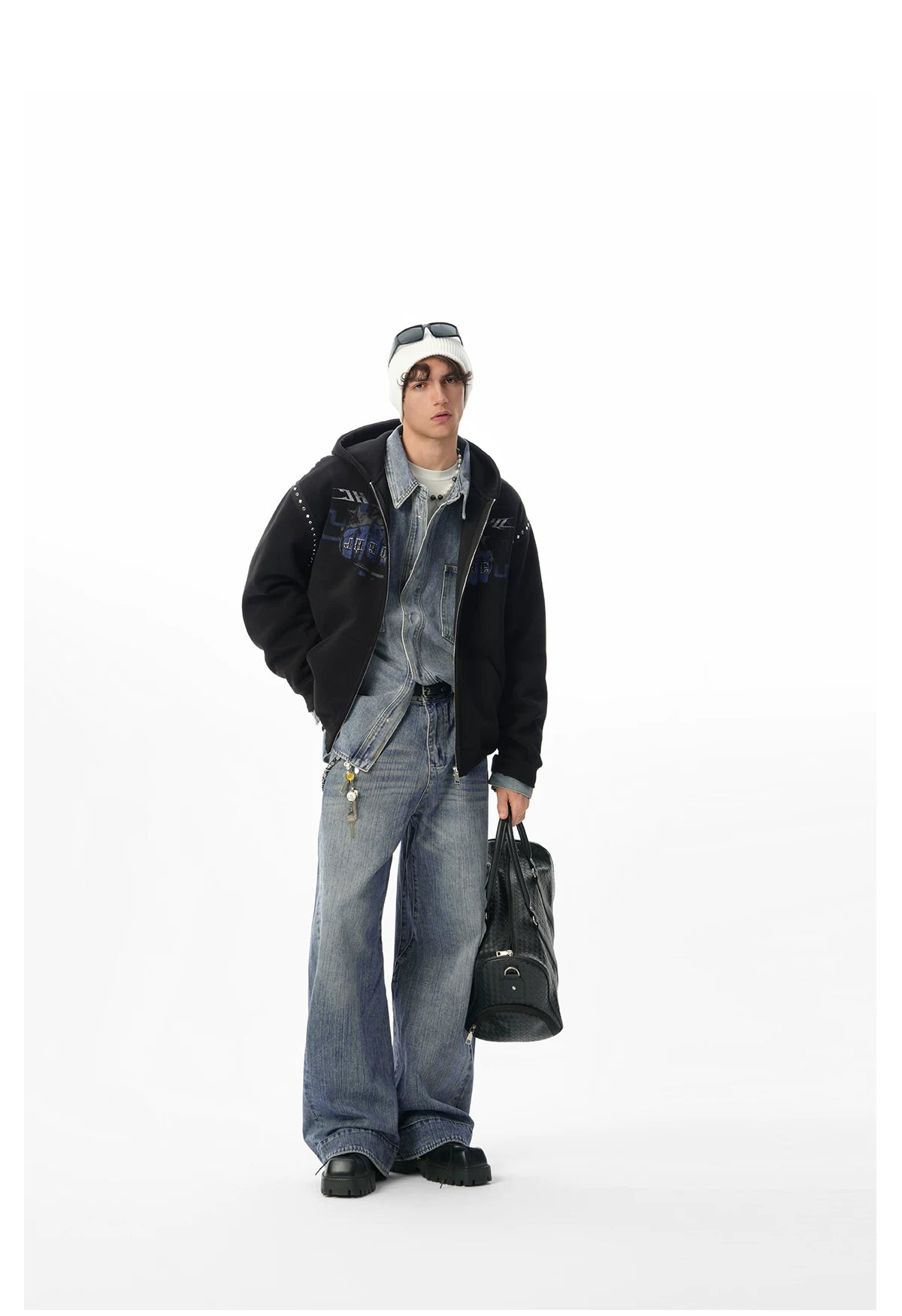 JHYQ Men's Fist Print Hooded Zipper Cardigan Sweater