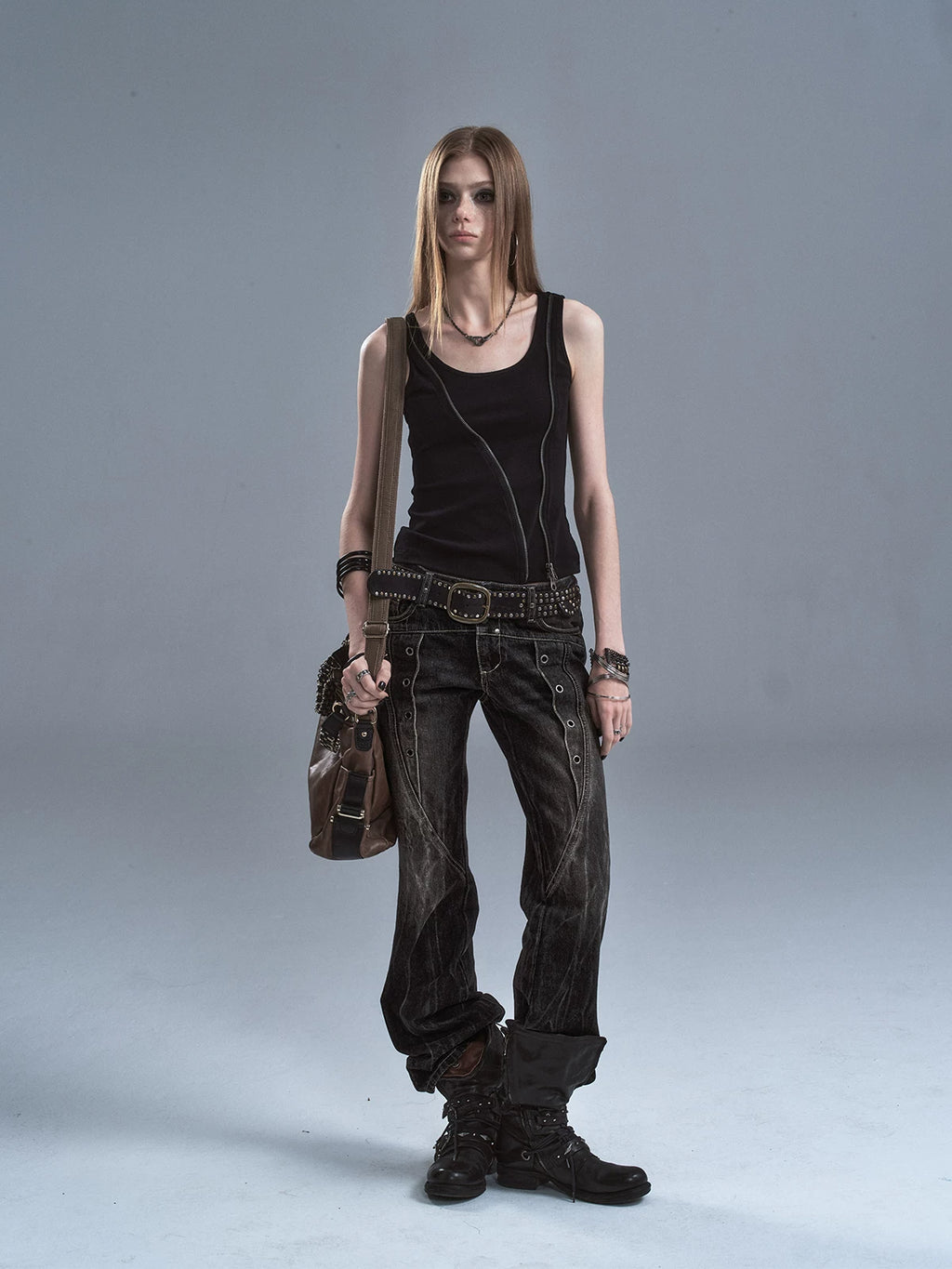 WearAndtear Rivet Lightning Pattern Slightly Pulled Low Waist Jeans
