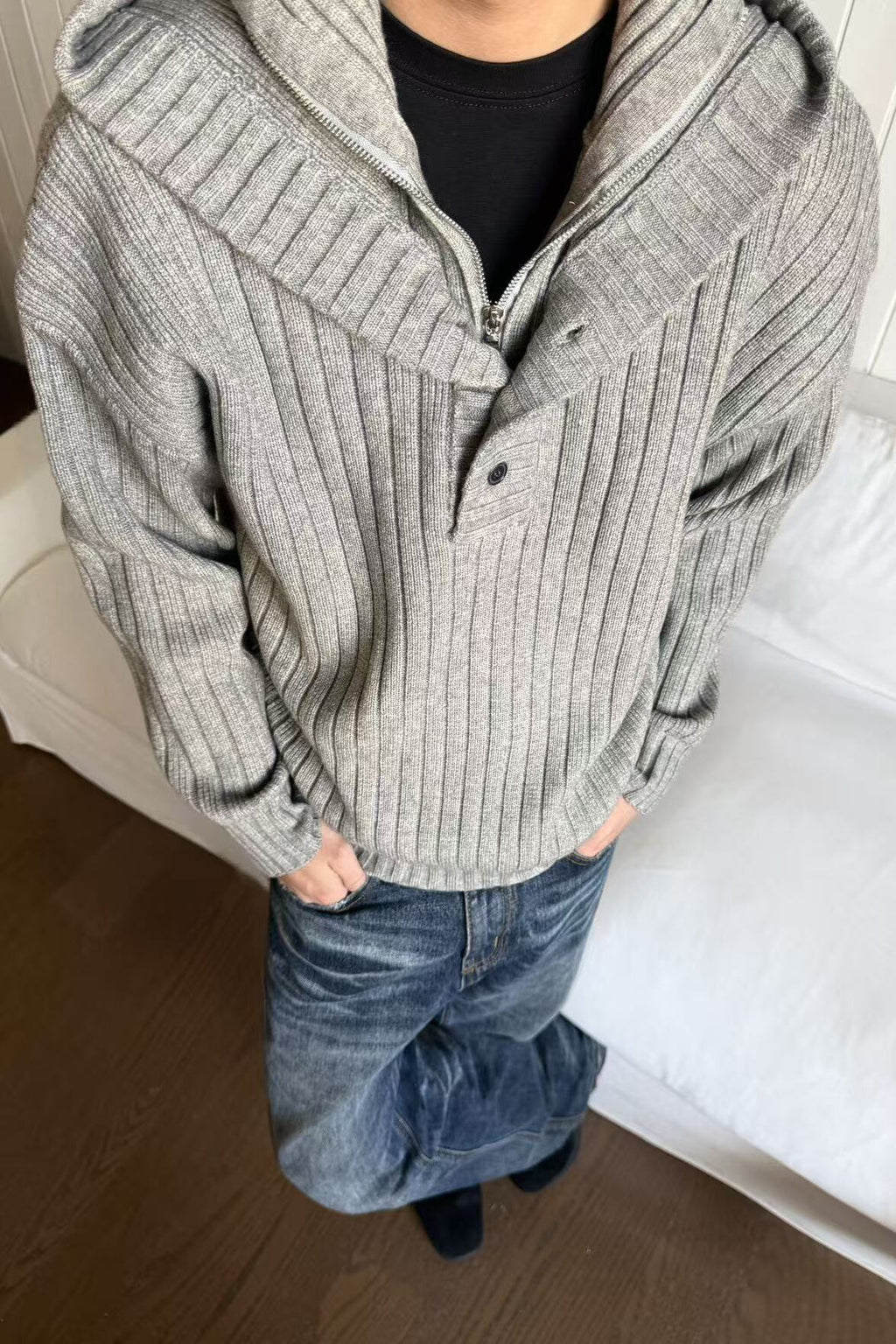 EME Fake Two-piece Stand-up Neck Hooded Thickened Knitted Sweater Jacket