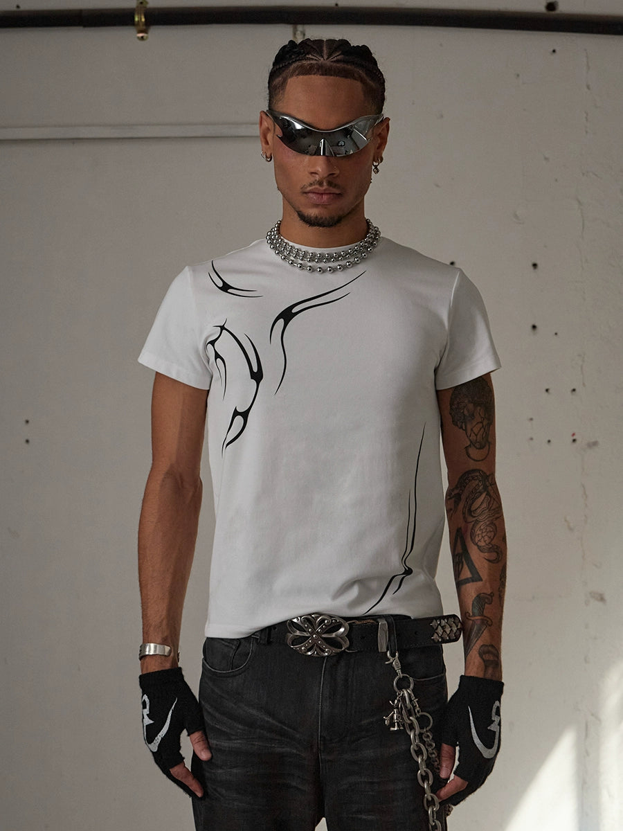 DND4DES Slim Fit Elastic Short Sleeve Crew Neck Striped Tee