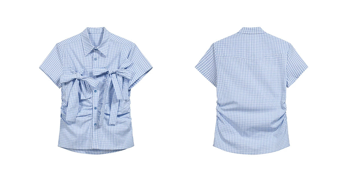 COSTUSTOOT Plaid Waist Slim Short-sleeved Shirt