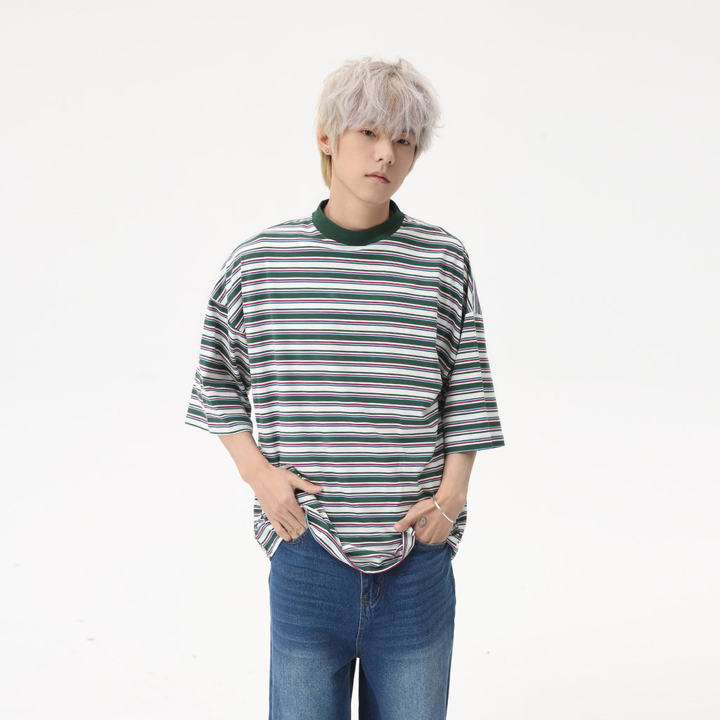 MTLCLOTHES Korean Version Striped Contrasting Retro Loose Tee