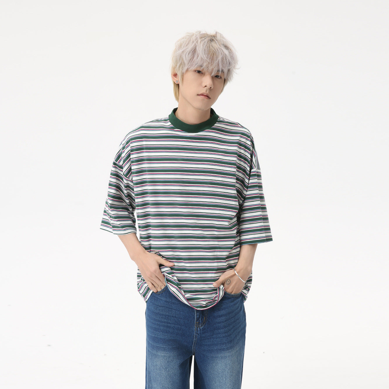 MTLCLOTHES Korean Version Striped Contrasting Retro Loose Tee