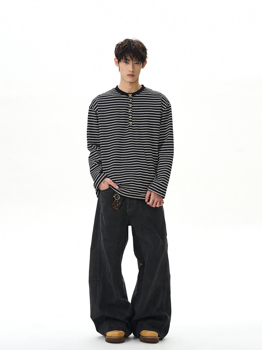 A PUEE Vintage Henry Collar Striped Long Sleeve