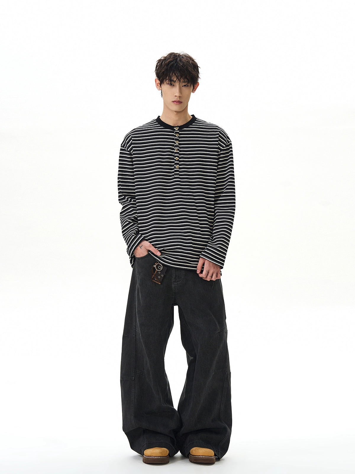 A PUEE Vintage Henry Collar Striped Long Sleeve