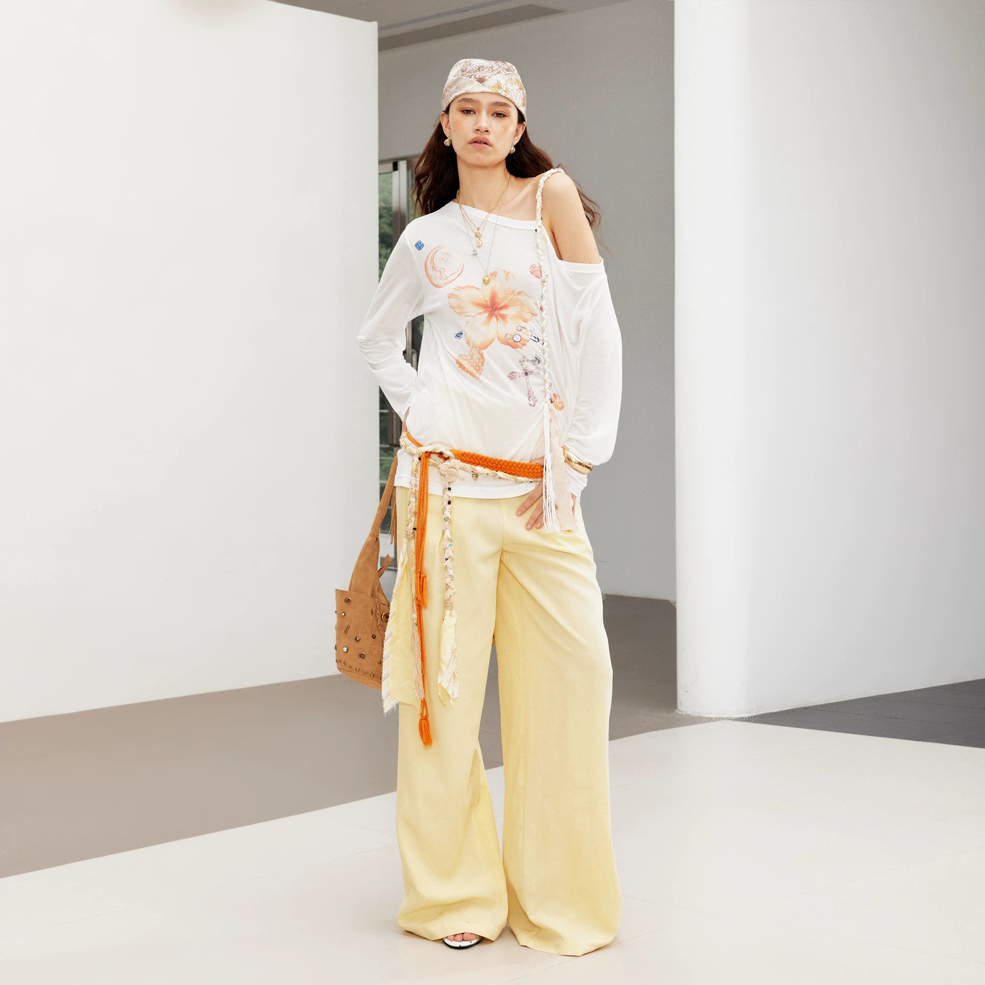 2th Desire Vintage Contrast Waist Lace Splicing Loose Straight Pants