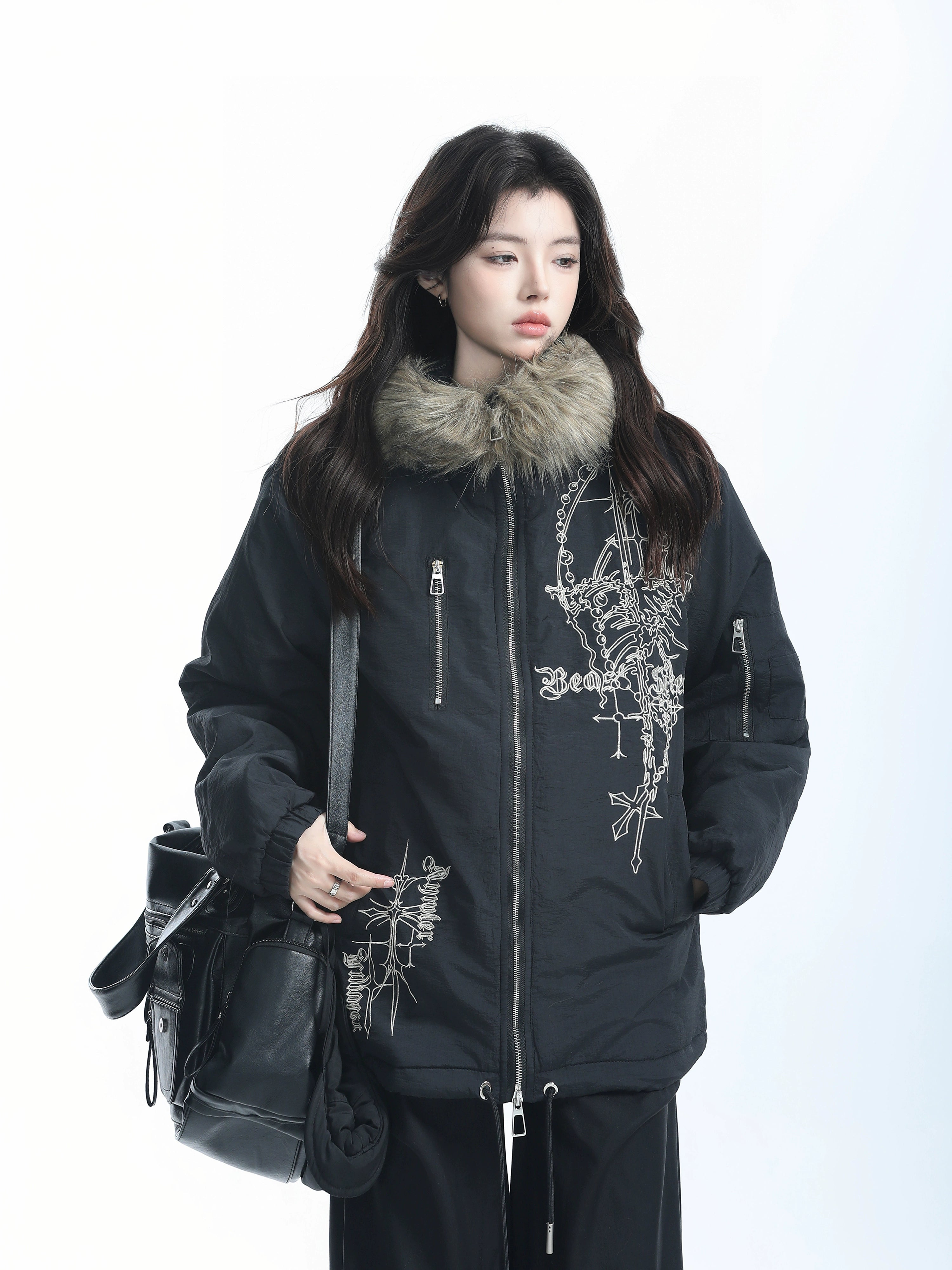 Zuocisankon Vintage Fur Collar Hooded Cotton Dress