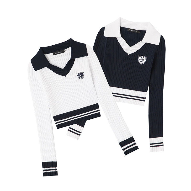 Nariele College Knitted Lapel Contrast Top
