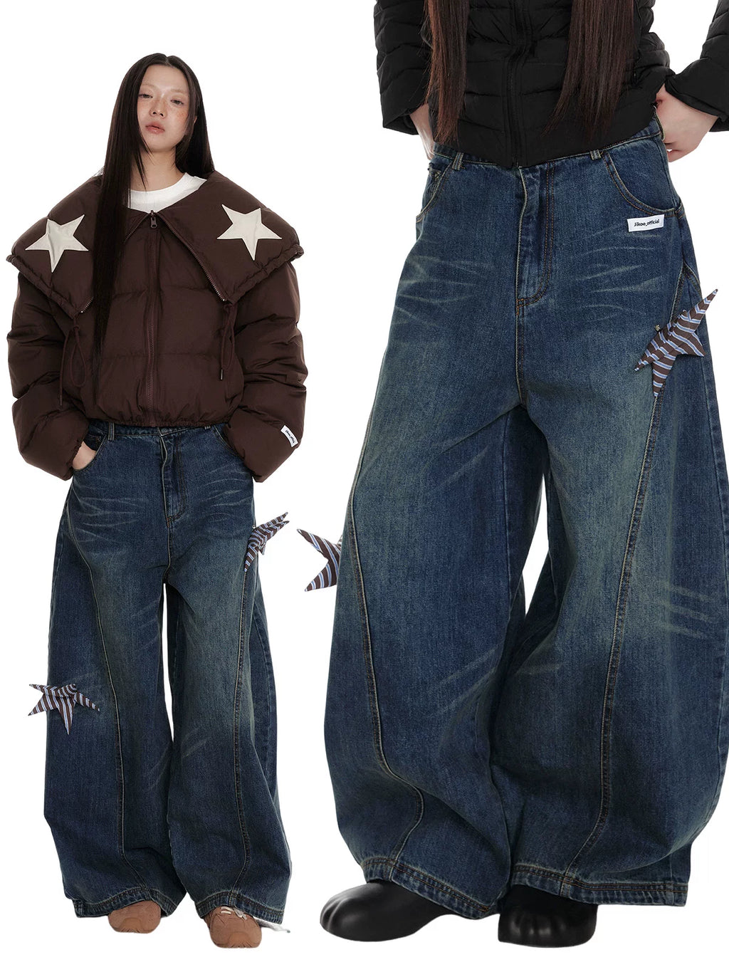 Jikoo Star Patch Straight Wide Leg Tooling Jeans